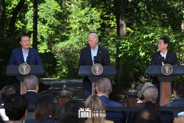 8월 18일 윤석열 대통령은 조 바이든 미국 대통령, 기시다 후미오 일본 총리와 한미일 공동기자회견을 가졌다. /사진=대통령실